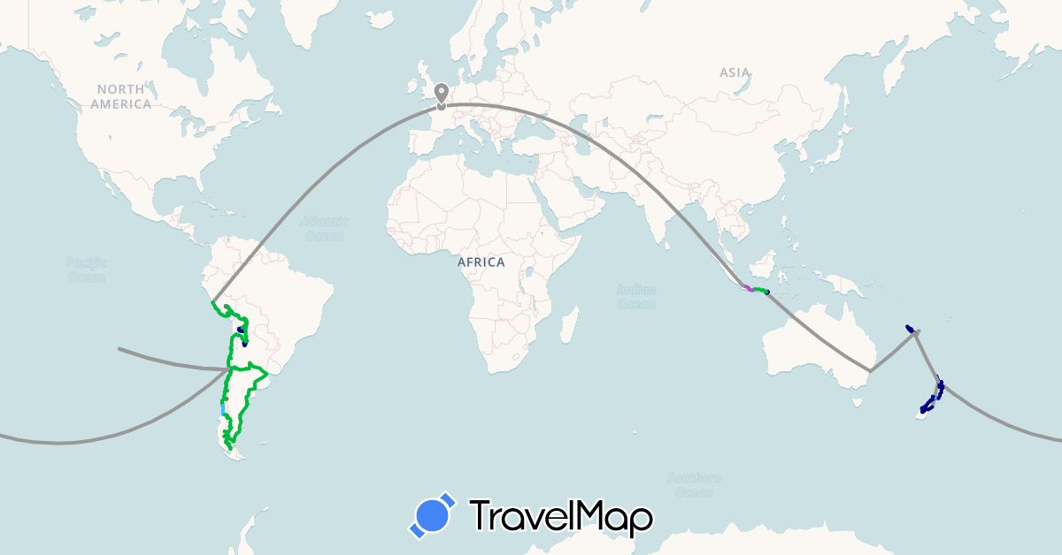 TravelMap itinerary: driving, bus, plane, train, hiking, boat in Argentina, Australia, Bolivia, Chile, France, Indonesia, New Caledonia, New Zealand, Peru (Asia, Europe, Oceania, South America)